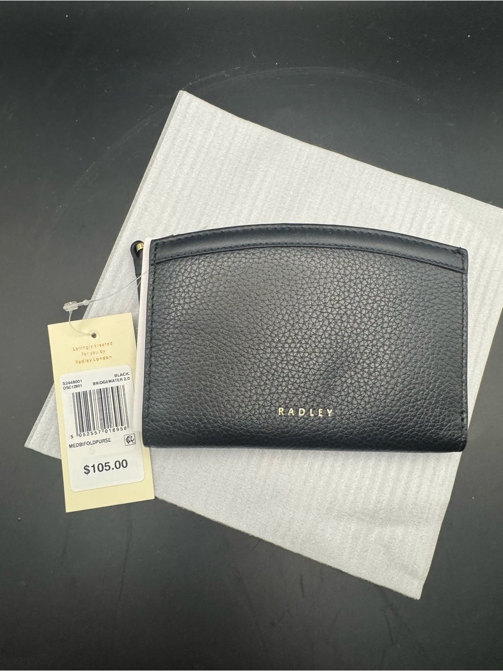 NWT Radley London Bridgewater 2.0 Black/Ivory Pebbled Leather Bifold Wallet